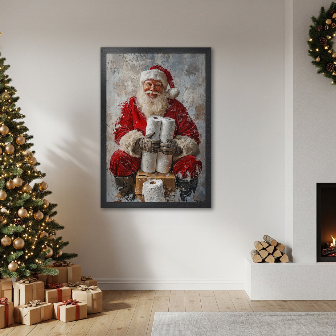Framed Poster of Santa holding toilet paper, oil painting style, red & white. Funny Christmas wall art.