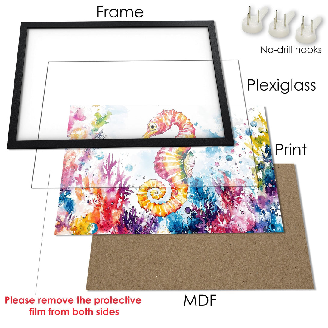Framed Poster featuring a watercolor seahorse in vibrant colors. Perfect for adding a splash of art to your space!