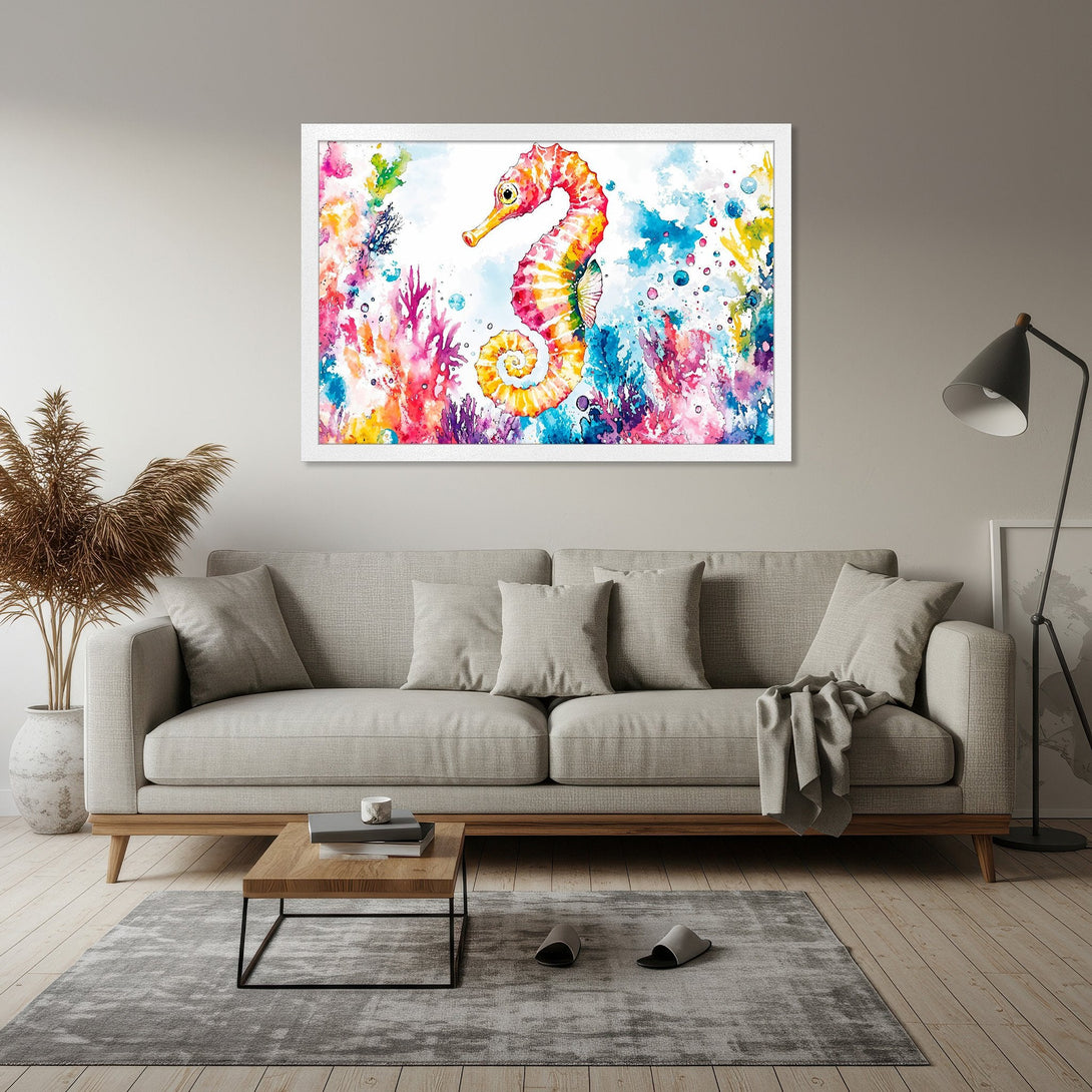 Framed Poster featuring a vibrant watercolor seahorse. Colorful artwork with a bright, playful palette. Perfect for coastal decor!