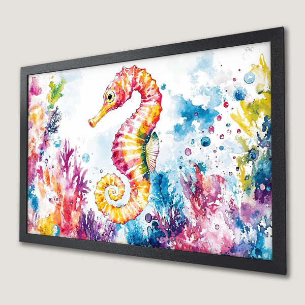 Framed Poster featuring a vibrant watercolor seahorse with colorful ocean backdrop. Perfect wall art in a bright palette.