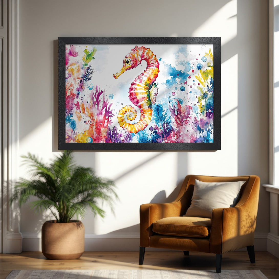 Framed Poster featuring a vibrant watercolor seahorse. Colorful coral reef art with a bright, warm palette. Perfect for coastal decor!