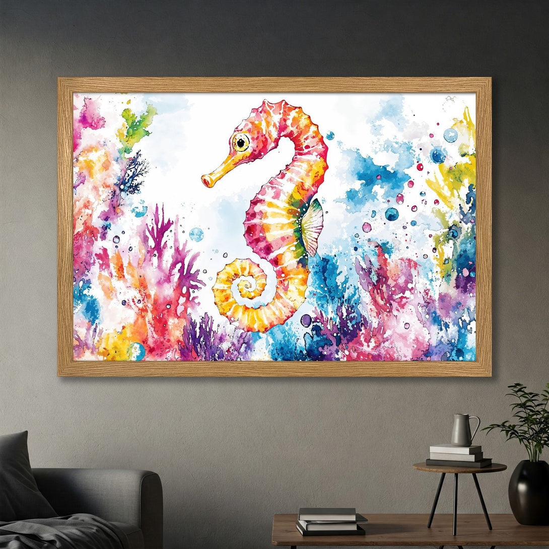 Framed Poster featuring a colorful watercolor seahorse. Vibrant blues, pinks, and yellows create a stunning underwater scene. Perfect wall art!