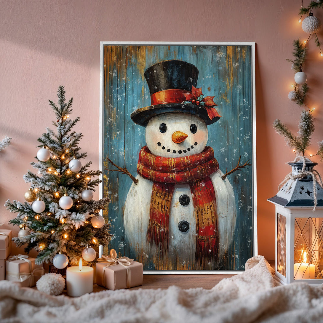 Framed Wall Art featuring a whimsical snowman painting with a red and blue color palette. Perfect for Christmas decor and adding a cozy touch!