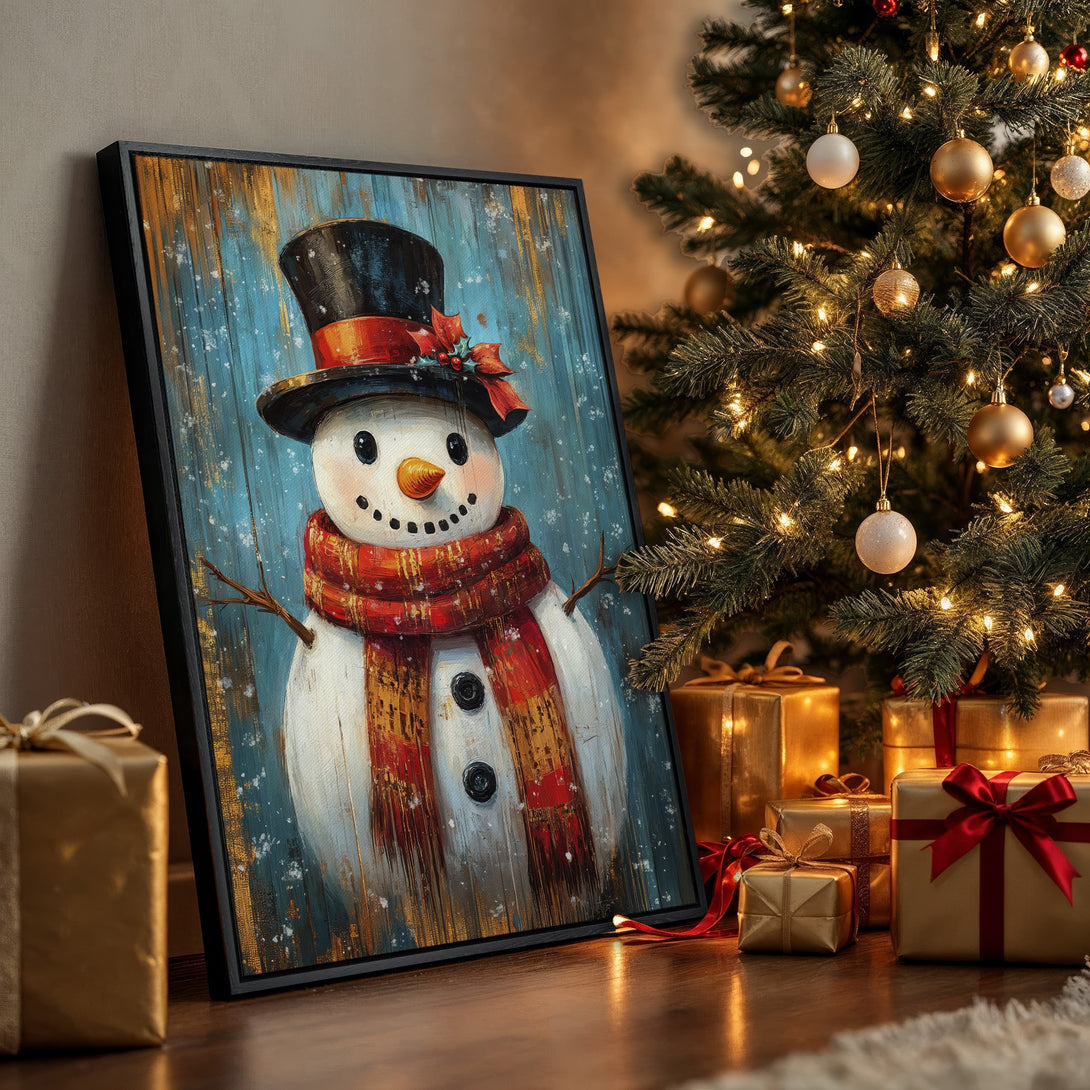 Framed Wall Art: Festive snowman painting with a blue, red, and gold color palette. Perfect holiday decor for your home!