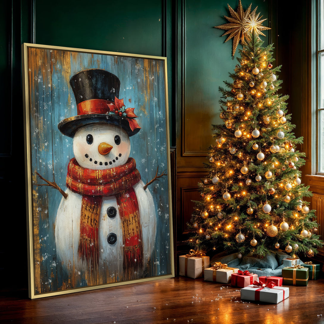 Canvas Print of a whimsical snowman in a top hat, vibrant red scarf, and blue/gold background. Perfect holiday wall art!
