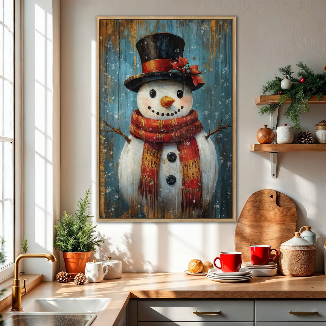 Framed Wall Art: Whimsical snowman painting with a rustic, blue and red color palette. Festive winter decor for your home!
