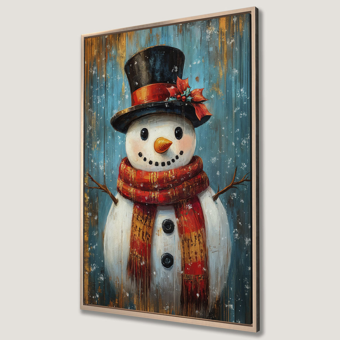 Framed Wall Art: Whimsical snowman painting with a red scarf, black hat, and blue/gold background. Perfect winter decor for your home.
