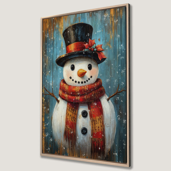Framed Wall Art: Whimsical snowman painting with a red scarf, black hat, and blue/gold background. Perfect winter decor for your home.