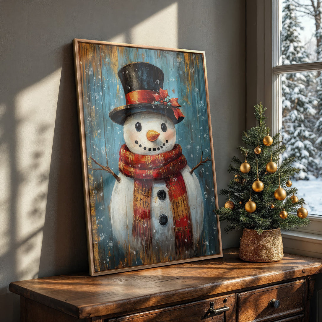 Framed Wall Art: Whimsical snowman painting with a rustic, painterly style. Features a blue, red, and gold color palette, perfect for holiday decor.