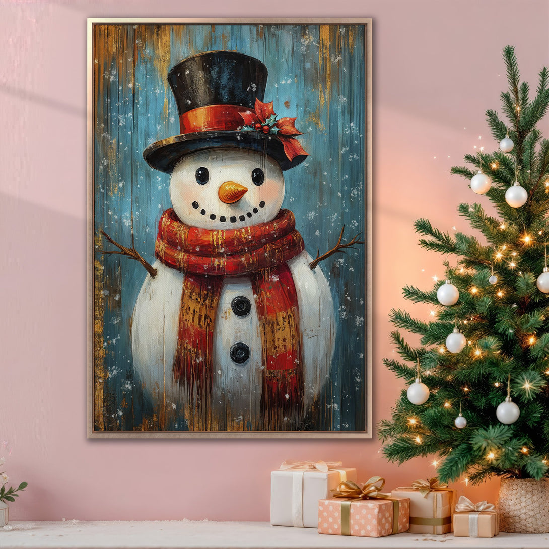 Framed Wall Art featuring a charming snowman with a top hat and scarf. Rustic style with a blue, red, and gold color palette, perfect for Christmas decor.