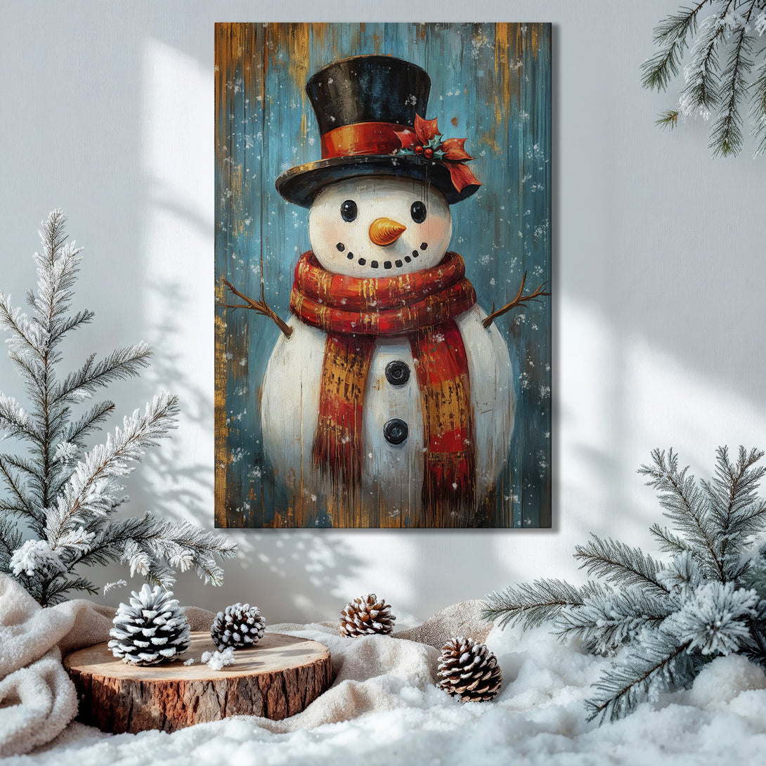 Framed Wall Art: Whimsical snowman painting in a cozy Christmas setting. Rustic style, featuring blue, red, and gold tones. Perfect holiday decor!