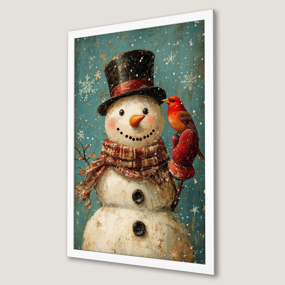Framed Poster featuring a snowman with a bird, painted in a rustic style with a teal, red, and brown color palette. Perfect winter decor!