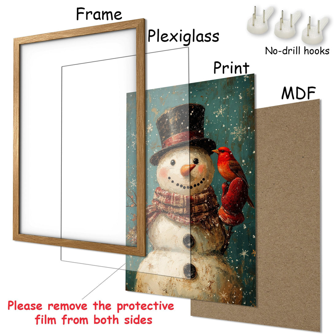 Framed Poster featuring a snowman and bird in a rustic style with a teal, brown, and red color palette. Perfect winter decor!