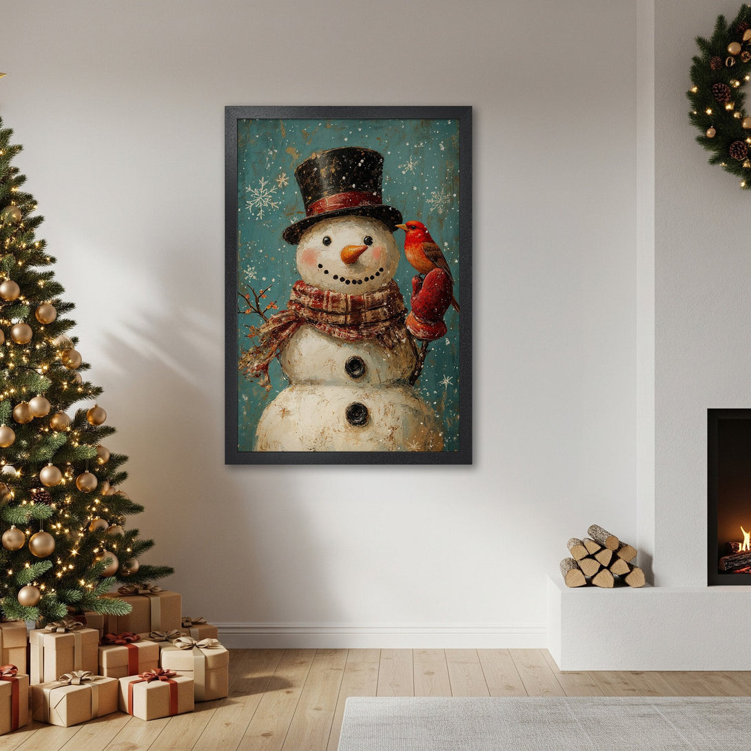 Framed Poster featuring a whimsical snowman with a red bird, painted in a vintage style with a teal and cream color palette, perfect for Christmas decor.