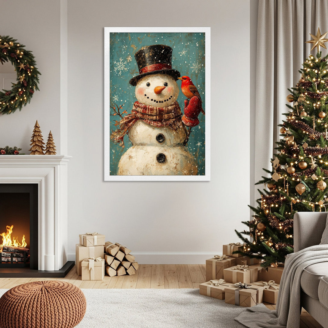 Framed Poster featuring a whimsical snowman with a red bird, vintage style, teal & warm color palette. Perfect holiday decor!