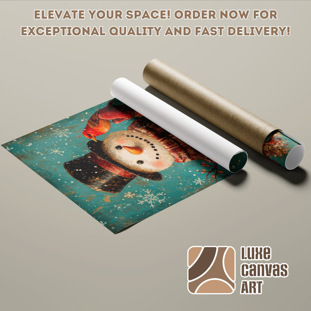 Winter-themed Poster Roll with snowman art, teal & brown palette. Elevate your space!