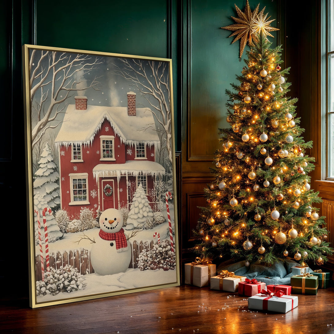 Canvas Print of a charming winter scene with a red house and snowman. Cozy, festive art in a warm, inviting color palette. Perfect holiday decor!