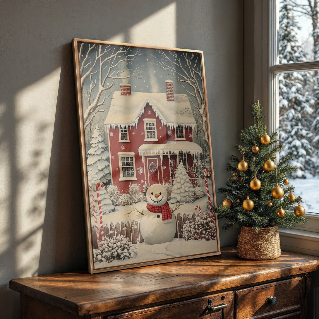 Framed Wall Art featuring a charming winter scene with a red house and snowman. Cozy, vintage style with a warm, neutral color palette. Perfect for holiday decor!