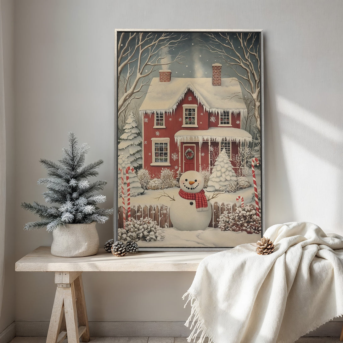 Framed Wall Art: Cozy winter scene with a red house, snowman, and snowy landscape. Warm, inviting colors perfect for holiday decor.