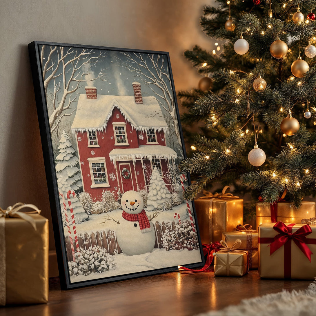 Framed Wall Art: Cozy winter scene canvas print with a red house, snowman, and snowy landscape. Warm, inviting color palette perfect for holiday decor.