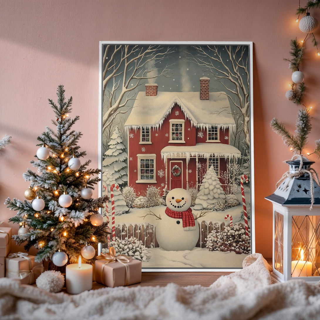 Framed Wall Art: Cozy winter scene with a red house, snowman, and snowy landscape. Warm, inviting color palette perfect for holiday decor.