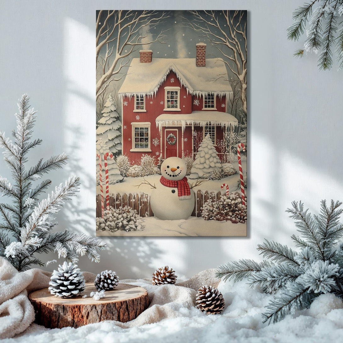 Framed Wall Art: Winter scene Canvas Print with a red house and snowman. Cozy holiday decor in warm, inviting colors.