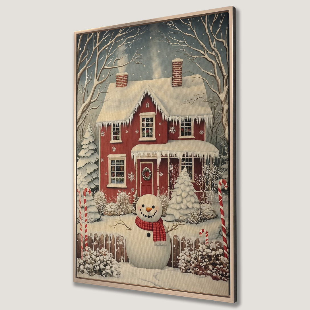Framed Wall Art: Winter scene with a red house, snowman, and snowy landscape. Warm red, white, and blue color palette. Perfect for Christmas decor.