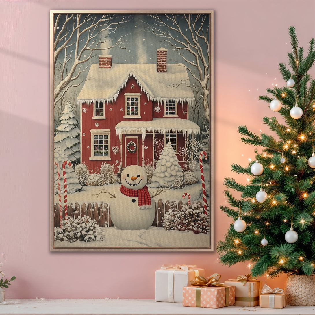 Framed Wall Art of a cozy red winter house with a snowman, in a vintage style, featuring a warm color palette. Perfect for Christmas decor!