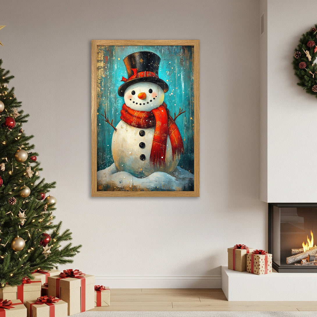 Framed Poster featuring a whimsical snowman with a red scarf, painted in a textured style with a teal and gold color palette, perfect for Christmas decor.