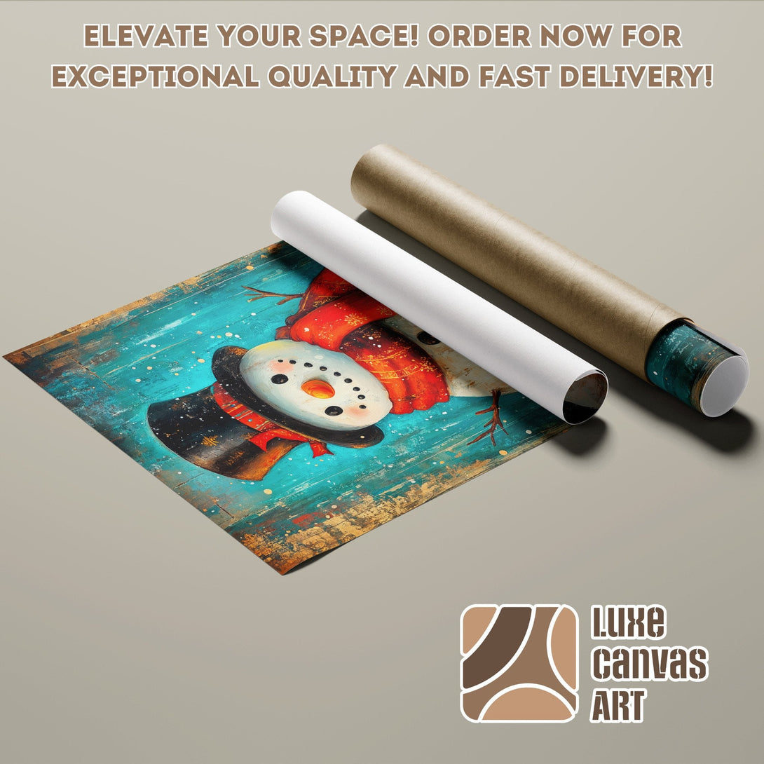 Whimsical snowman art poster roll with blue, red, and brown color palette. Elevate your space!