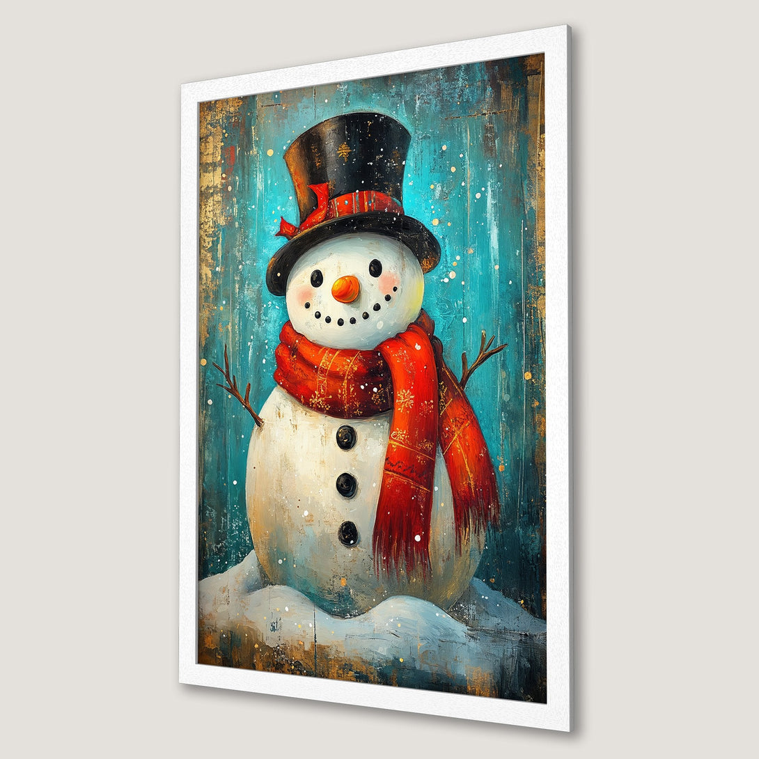 Framed Poster featuring a whimsical snowman art print with a vibrant blue and red color palette, perfect for winter decor.