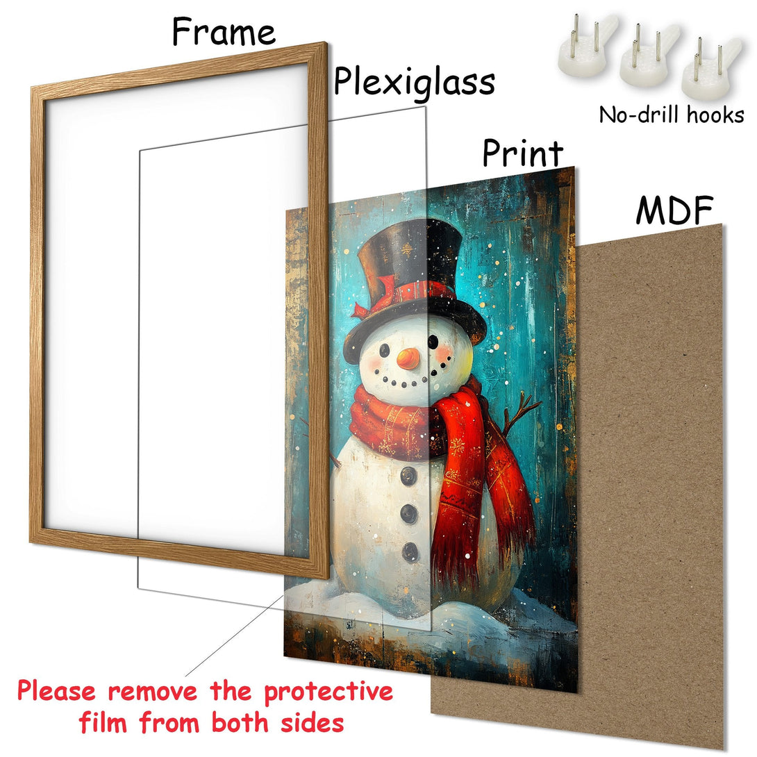 Framed Poster featuring a snowman art print. Rustic style with teal, red, and white color palette. Perfect winter decor!