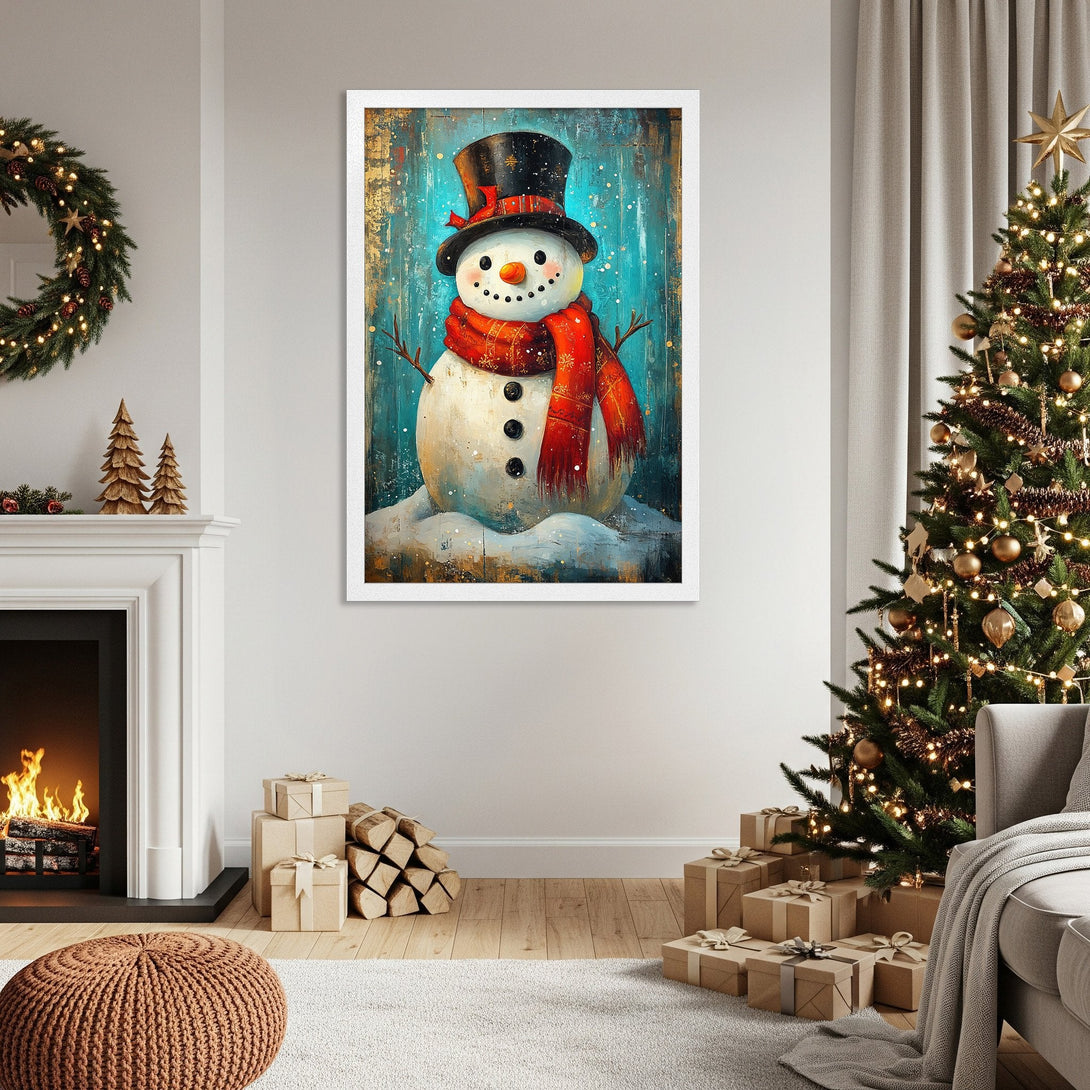 Framed Poster of a snowman in a cozy, painterly style. Features a red and teal color palette, perfect for holiday decor.