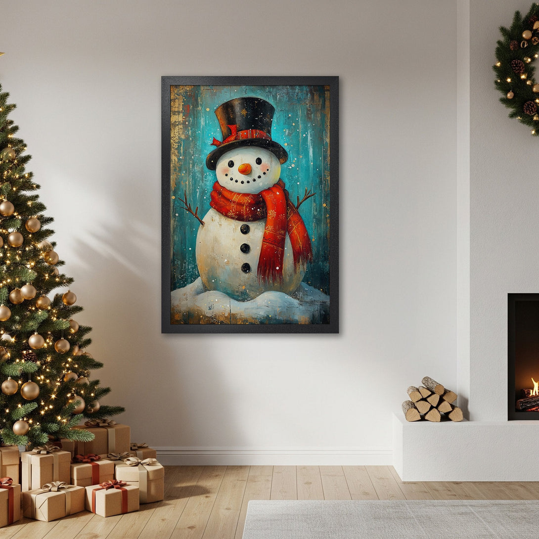 Framed Poster featuring a whimsical snowman in a vibrant teal, red, and gold color palette, perfect Christmas decor.