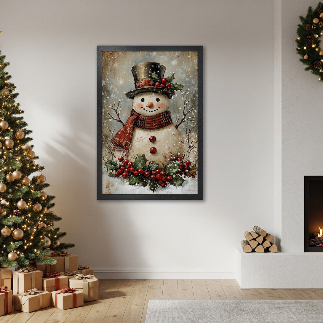 Framed Poster featuring a whimsical snowman illustration in a vintage style. Warm, festive color palette with red, brown, and white tones. Perfect Christmas decor!