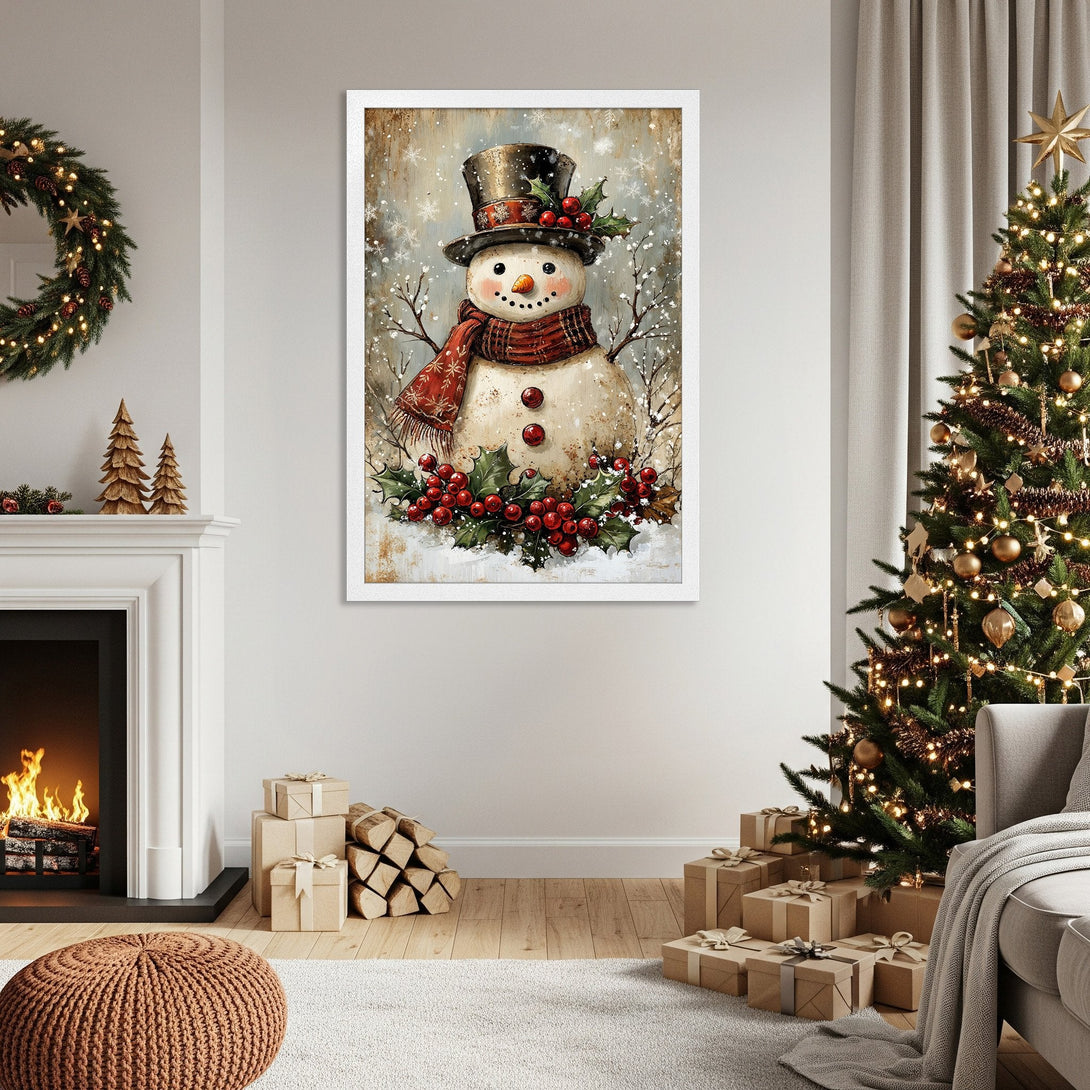 Framed Poster featuring a charming snowman in a vintage style, with a warm red and neutral color palette. Perfect Christmas wall art!