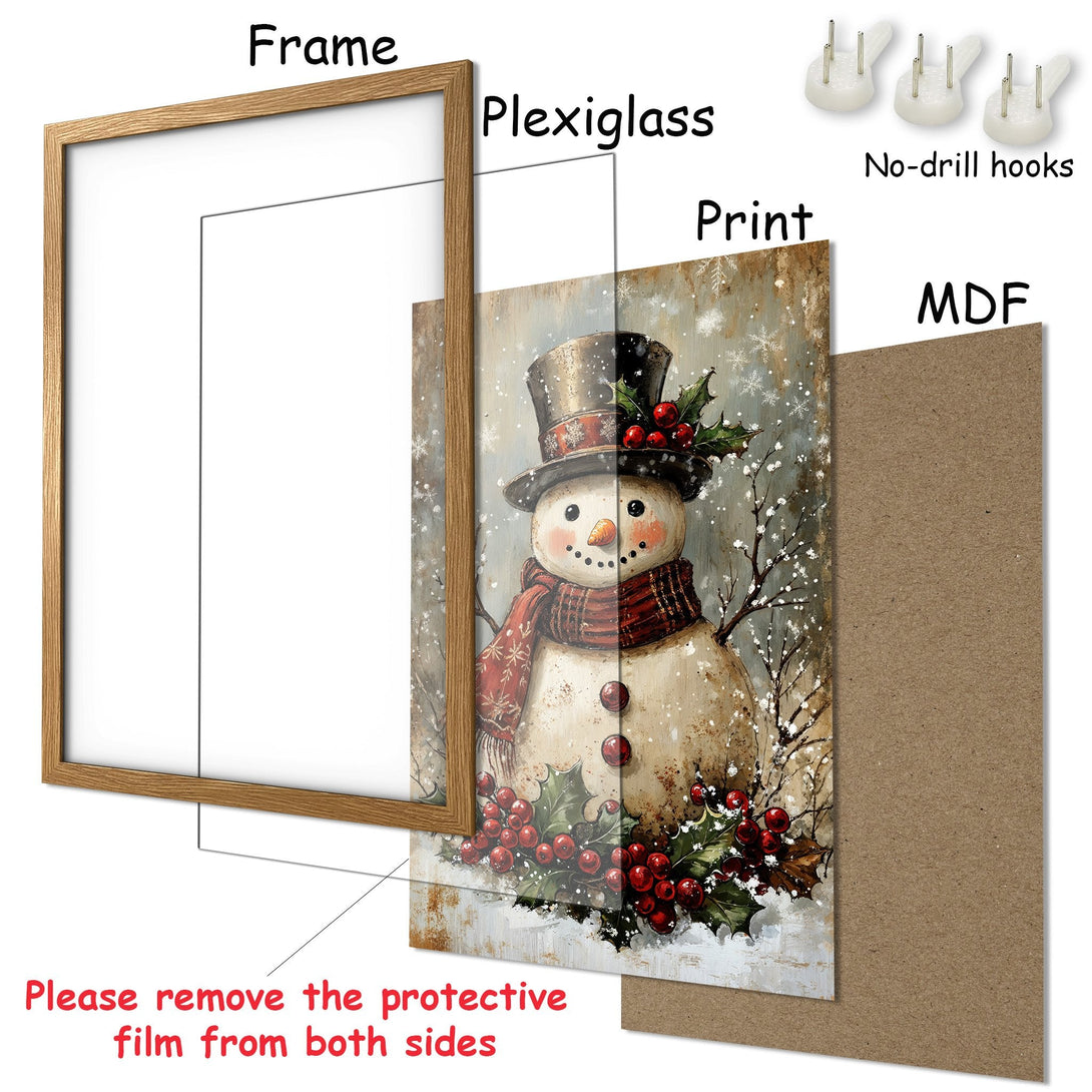 Framed Poster featuring a charming snowman in a vintage style, with a warm, wintery color palette. Perfect holiday decor!