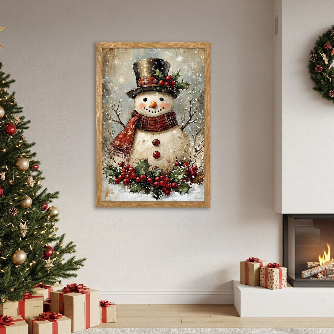 Framed Poster of a charming snowman with a red scarf and holly. Rustic style, warm color palette, perfect for Christmas decor.