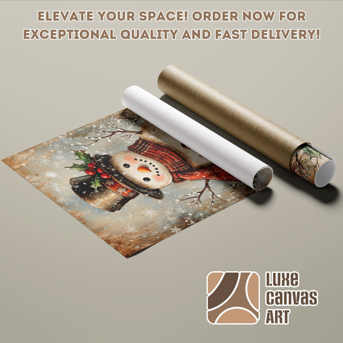 Snowman art poster roll, winter scene, warm color palette. Elevate your space with this beautiful poster!
