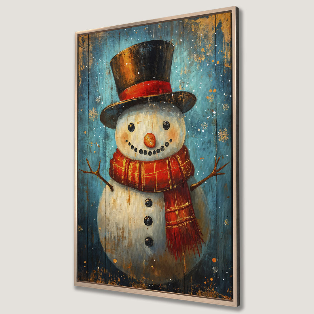 Framed Wall Art: Whimsical snowman art print with a rustic, textured style. Features a blue, orange, and red color palette, perfect for winter decor.