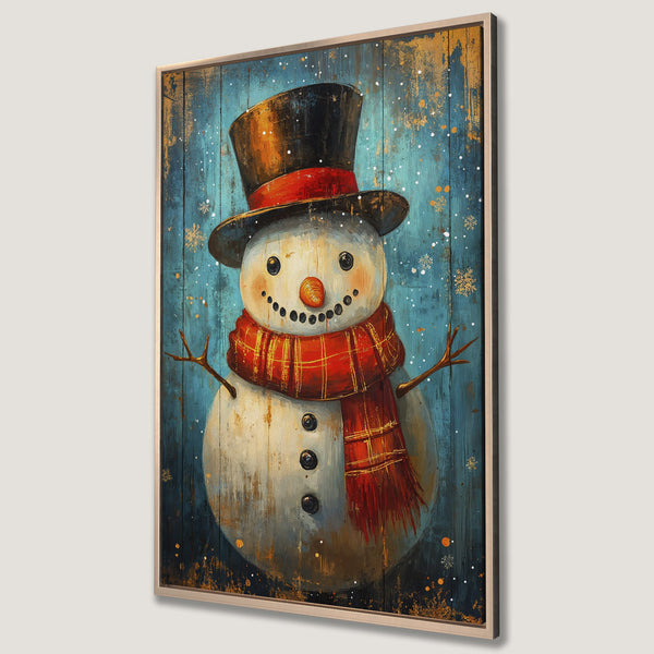 Framed Wall Art: Whimsical snowman art print with a rustic, textured style. Features a blue, orange, and red color palette, perfect for winter decor.