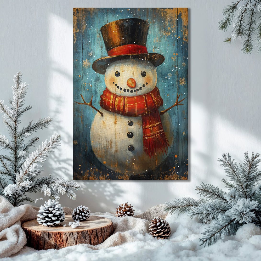 Framed Wall Art: Whimsical snowman painting with a rustic style, featuring a blue and red color palette, perfect for holiday decor.