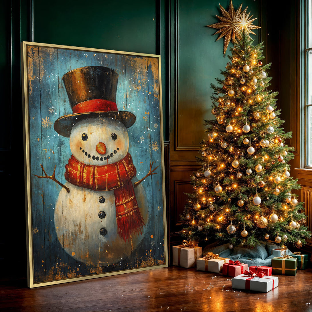 Canvas Print featuring a whimsical snowman with a red scarf, set against a teal and orange background. Perfect winter wall art!