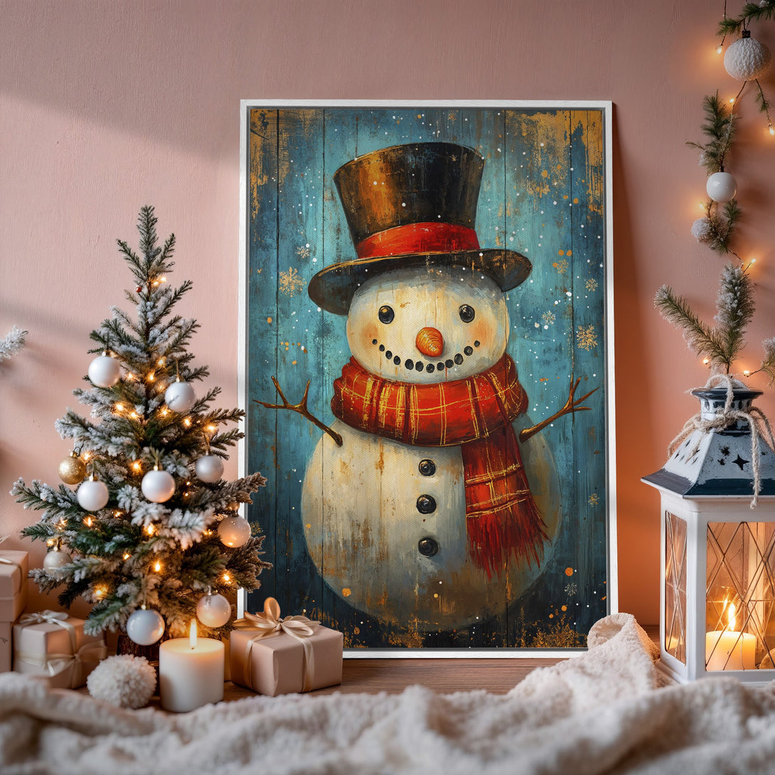 Framed Wall Art featuring a whimsical snowman in a rustic style, with a blue, red, and gold color palette, perfect for holiday decor.