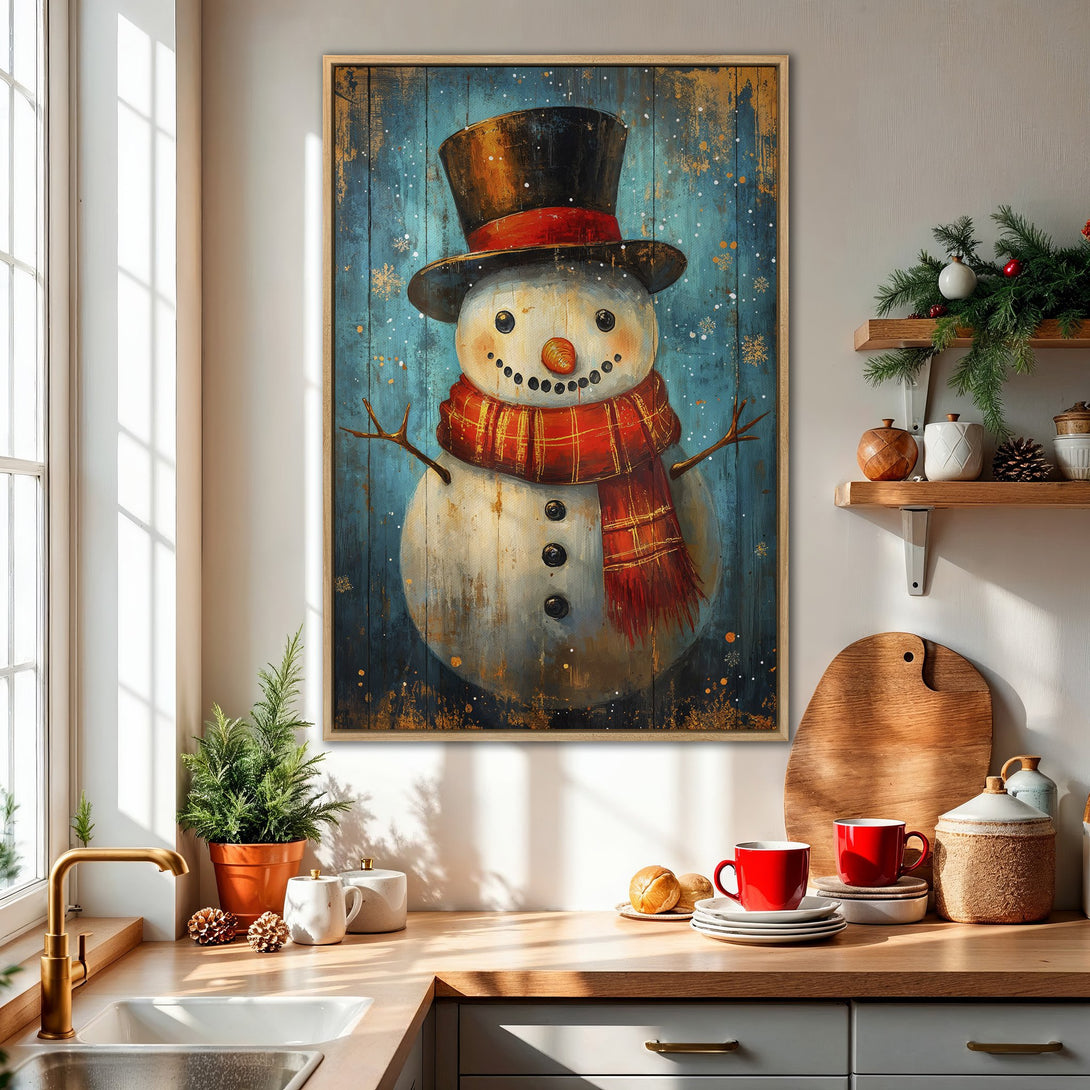 Framed Wall Art: Whimsical snowman painting with a rustic, vintage style. Features a blue, red, and gold color palette, perfect for winter decor.