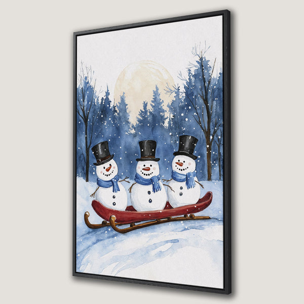Framed Wall Art: Watercolor winter scene with snowmen on a sled. Blue, white, and red color palette. Perfect Christmas decor for a cozy home.