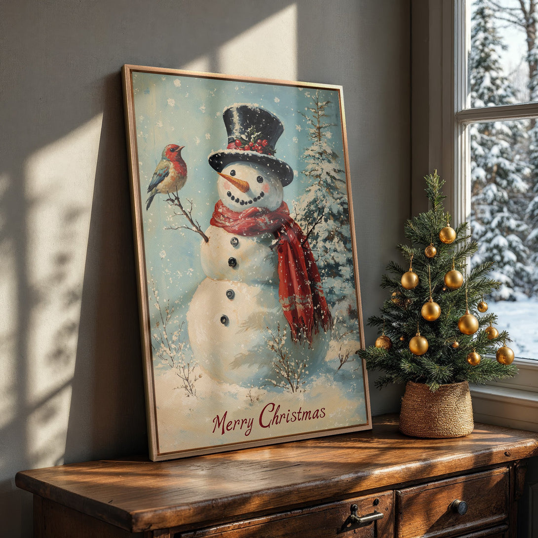 Framed Wall Art: Vintage Christmas snowman art in a rustic interior. Features a winter scene with a robin, soft blue & red color palette. Perfect holiday decor!