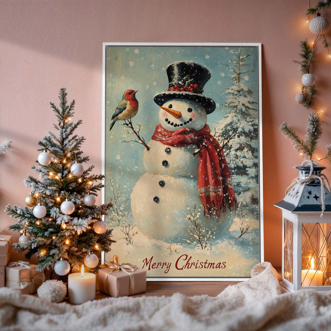 Framed Wall Art: Festive snowman art print with a vintage style. Features a red, blue, and white color palette, perfect for Christmas decor.