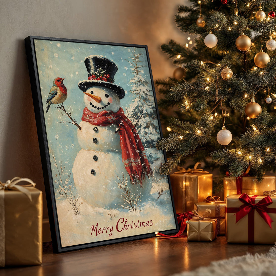 Framed Wall Art: Charming snowman Christmas print with red & blue tones, perfect holiday decor. Festive art for your home.