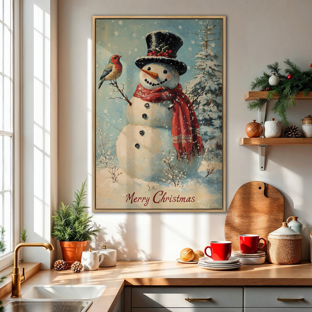 Framed Wall Art: Charming snowman print with a red scarf in a cozy kitchen. Festive winter art with a blue and red color palette, perfect for holiday decor.